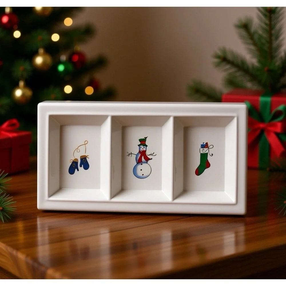 Holiday 3-Section Divided Serving Tray Platter‎ White Snowman Mittens Stocking